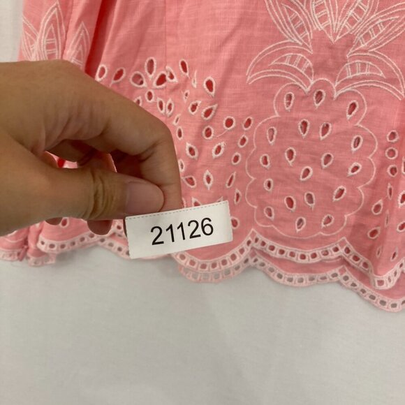 Talbots Large Pink Linen Blend Square Neck Top Embroidered Pineapple Vacation - Picture 11 of 12